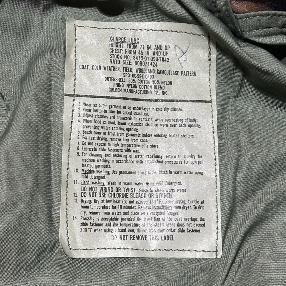 USAF Woodland Camo Field Jacket Extra Large Long Cold Weather Coat - Picture 3 of 5